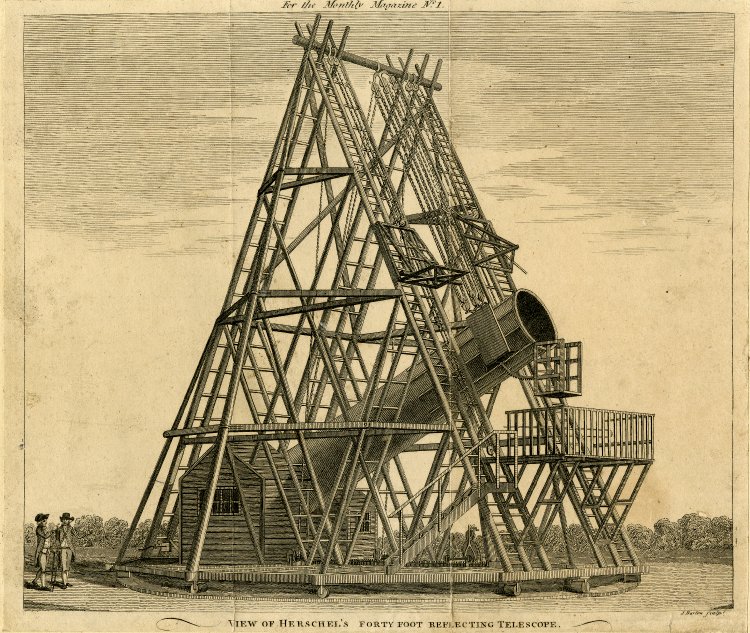 View of the telescope showing the revolving base and system of winches and pulleys on the supporting scaffolding; two men standing to left, giving sense of scale. Etching and engraving.jpg
